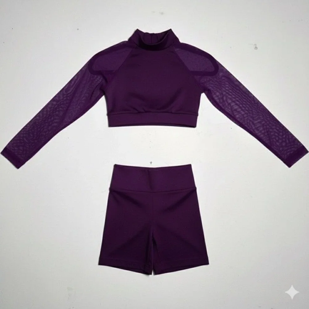 Theatricals eggplant purple Long Sleeve Crop Top High Rise Dance Shorts Set CM